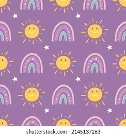 Cartoon sun with rainbow and stars on purple background, vector seamless pattern.