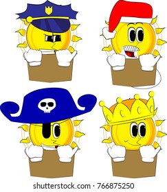 Cartoon sun reading book and hiding behind it. Collection with costume. Expressions vector set.