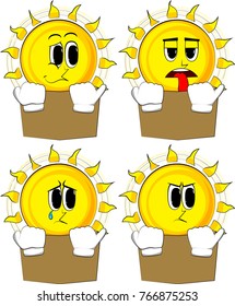 Cartoon sun reading book and hiding behind it. Collection with sad faces. Expressions vector set.