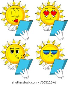 Cartoon sun reading and pointing at an opened book. Collection with various facial expressions. Vector set.