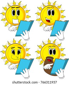 Cartoon sun reading and pointing at an opened book. Collection with happy faces. Expressions vector set.