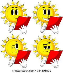 Cartoon sun reading a red book. Collection with happy faces. Expressions vector set.