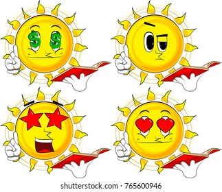 Cartoon sun reading a red book and making a point. Collection with various facial expressions. Vector set.