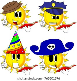 Cartoon sun reading a red book and making a point. Collection with costume. Expressions vector set.