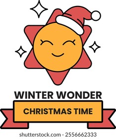 A cartoon sun with a red hat and a white bow on it. The image is titled Winter Wonder Christmas Time