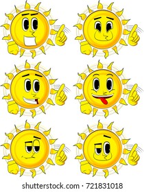 Cartoon sun saying no with his finger. Collection with happy faces. Expressions vector set.