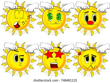 Cartoon sun scratching his head with two hands. Collection with various facial expressions. Vector set.