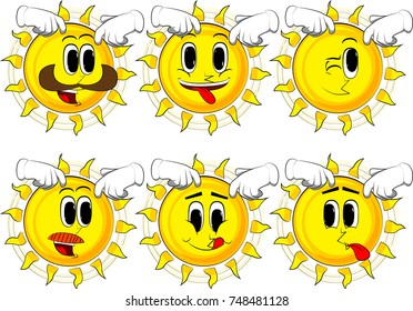 Cartoon sun scratching his head with two hands. Collection with happy faces. Expressions vector set.