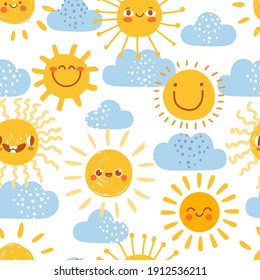 Cartoon Sun Seamless Pattern. Print For Nursery With Summer Sunny Day Sky With Clouds. Cute Baby Sunshine With Funny Emoji Faces Vector Set. Warm Weather Elements For Kids Wallpaper