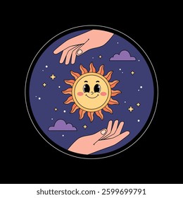 Cartoon sun shines with hands badge