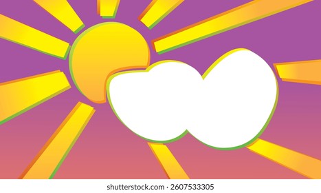 Cartoon sun shining brightly against a backdrop of purple and orange gradient sky, accompanied by fluffy clouds, creating a vibrant and cheerful atmosphere filled with warmth and joy