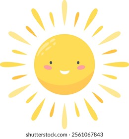 Cartoon sun shining brightly, exuding happiness while spreading warmth and joy. Radiating positivity and good vibes, creating a cheerful atmosphere on a sunny day