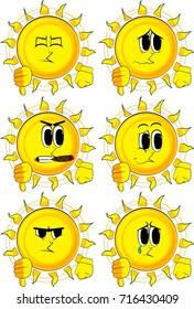 Cartoon sun showing dislike hand sign. Collection with sad faces. Expressions vector set.