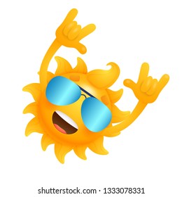 Cartoon sun showing rock gesture illustration. Sunglasses, devil horns, fun. Vacation concept. Can be used for topics like tropical party, concert, summer vibes