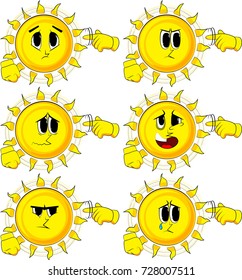Cartoon sun shows a you're nuts gesture by twisting his finger around his temple. Collection with sad faces. Expressions vector set.