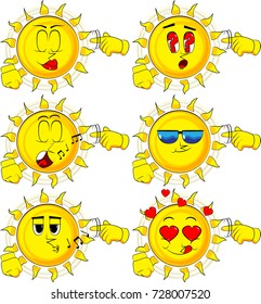 Cartoon sun shows a you're nuts gesture by twisting his finger around his temple. Collection with various facial expressions. Vector set.