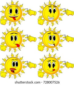 Cartoon sun shows a you're nuts gesture by twisting his finger around his temple. Collection with happy faces. Expressions vector set.