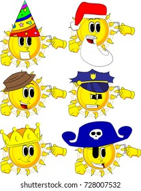 Cartoon sun shows a you're nuts gesture by twisting his finger around his temple. Collection with costume. Expressions vector set.