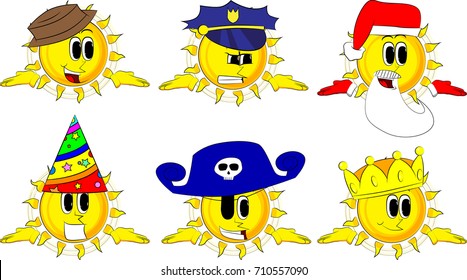 Cartoon sun shrugs shoulders expressing don't know gesture. Collection with costume. Expressions vector set.
