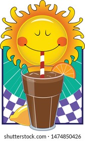 A cartoon sun sips ice tea from a straw.