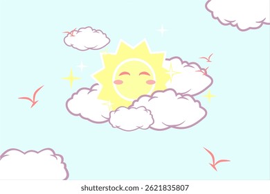 a cartoon sun is sitting on clouds with bird, Blue sky and sun with clouds background.