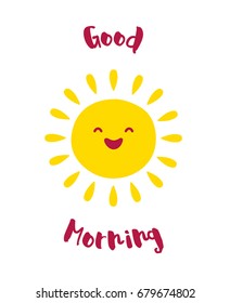 Cartoon sun smiles. Good morning card. Vector.