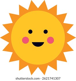 Sol de dibujos animados con una cara sonriente, centro circular amarillo brillante y rayos triangulares que se extienden hacia afuera.