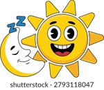 Cartoon sun smiling next to a sleeping moon with zzzs