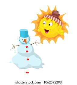 cartoon sun, snowman