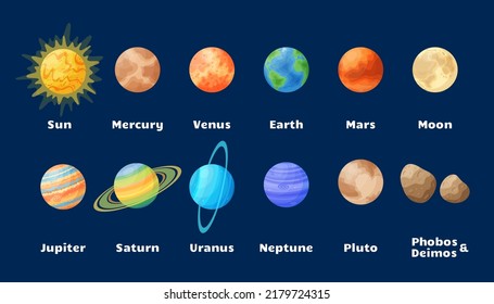 Cartoon sun and solar system planets set illustration, comic celestial bodies graphic design collection, flat round astronomical object concept on blue cosmic background for astronomy science concept