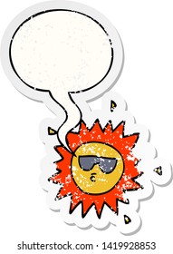 cartoon sun with speech bubble distressed distressed old sticker