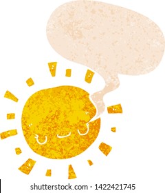 sol de dibujos animados con burbuja de habla en un estilo retro angustiado con textura gruesa