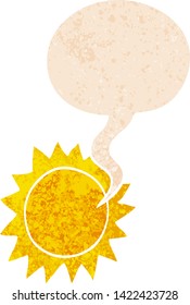 Cartoon-Sonne mit Sprachblase in brüchiger Retro-strukturierter Form