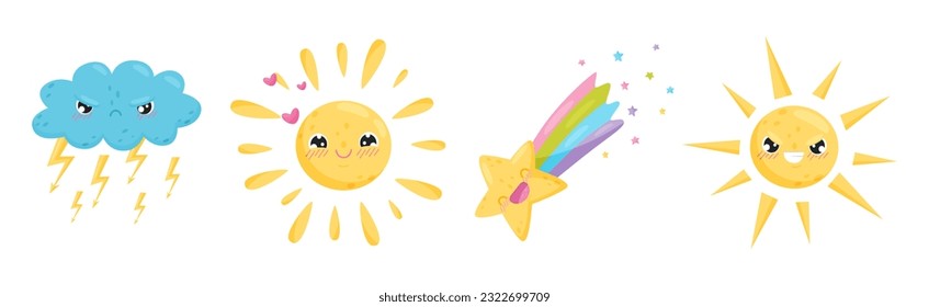 Cartoon Sun, Star and Cloud with Different Facial Expression Vector Set