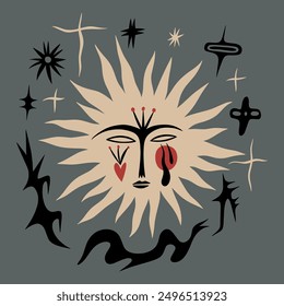 Cartoon Sun and stars fairytale funny groovy whimsical flat art. Doodle stellar celestial cute astronomy and astrology characters. Midsummer or Litha holiday. Hand-drawn bohemian composition. Solar