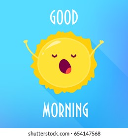 Cartoon Sun Stretches And Yawns. Good Morning Card. Flat Style. Vector Illustration.