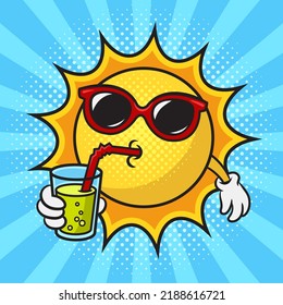 cartoon sun in sunglasses drinking cool drink cocktail pop art retro vector illustration. Comic book style imitation.