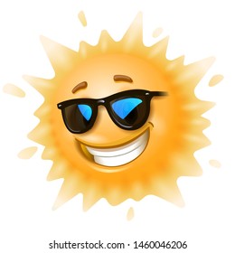 Cartoon sun in sunglasses, isolated on white background.