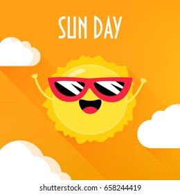 Cartoon sun in sunglasses smiling on orange background with clouds. Sun Day poster. Flat style. Vector.