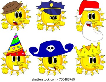 Cartoon sun with sympathy. Collection with costume. Expressions vector set.