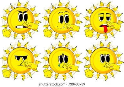 Cartoon sun with sympathy. Collection with sad faces. Expressions vector set.