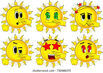 Cartoon sun with sympathy. Collection with various facial expressions. Vector set.