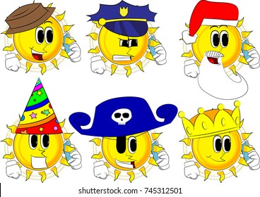 Cartoon sun talking on cell phone. Collection with costume. Expressions vector set.