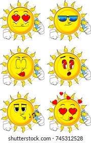 Cartoon sun talking on cell phone. Collection with various facial expressions. Vector set.