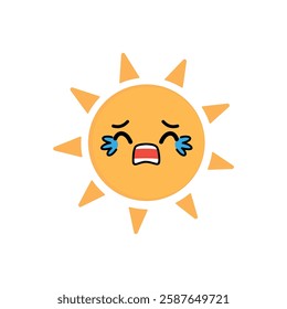 A cartoon sun with a teary face. The sun is yellow and has a sad expression.