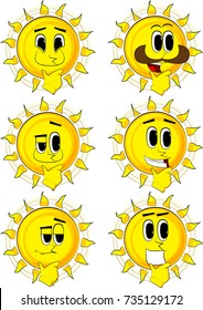 Cartoon sun thinking. Collection with happy faces. Expressions vector set.