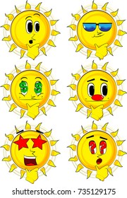 Cartoon sun thinking. Collection with various facial expressions. Vector set.