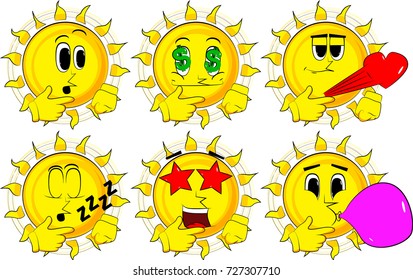 Cartoon sun thinking or pointing to his left side. Collection with various facial expressions. Vector set.