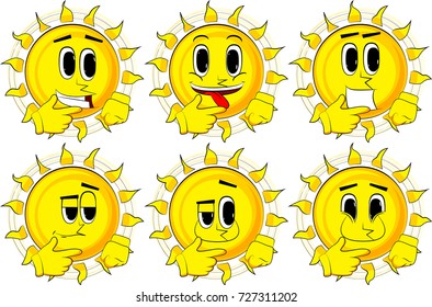 Cartoon sun thinking or pointing to his left side. Collection with happy faces. Expressions vector set.