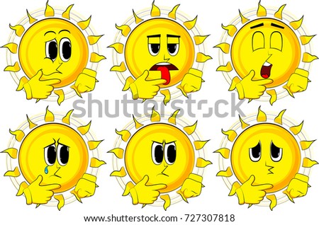 Cartoon sun thinking or pointing to his left side. Collection with sad faces. Expressions vector set.